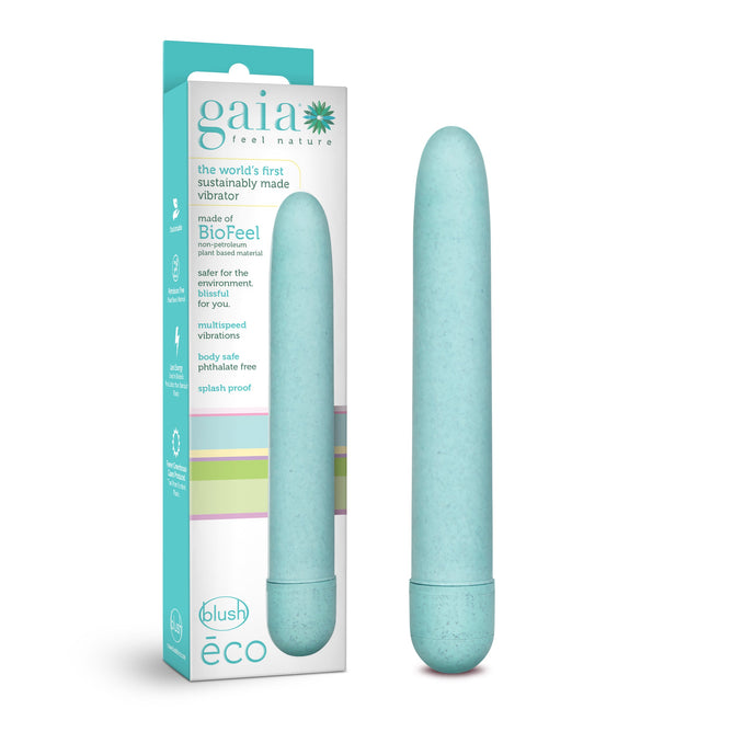 A blue, cylindrical vibrator stands upright next to its box labeled Gaia Eco by Blush Gaia. Promoted as eco-friendly and made from body-safe materials, it features a simple design with multispeed vibrations for a customizable experience.
