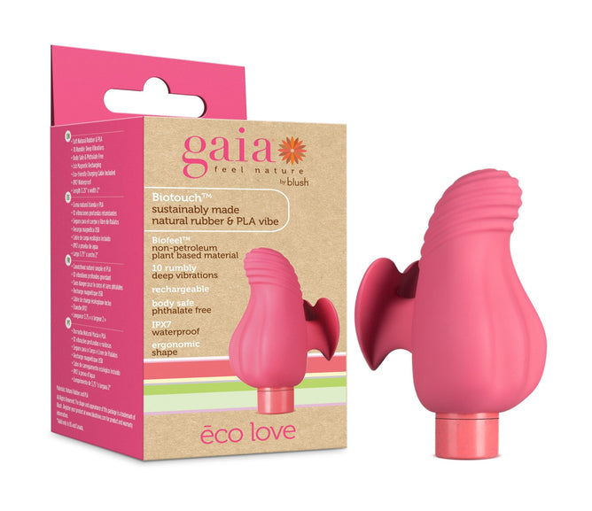 The pink Eco Love vibrator by Blush Gaia is displayed next to its packaging. The box highlights features like rechargeable, waterproof, phthalate-free, eco-friendly materials and ergonomic design. This sustainable product offers various vibrating modes for personalized pleasure.
