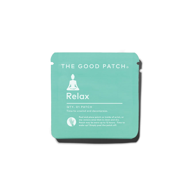 The Good Patch offers a teal Relax Plant Patch - Sample featuring a meditating figure and QTY. 01 Patch text. Infused with Ashwagandha, place it on your wrist or any clean, dry venous area to unwind and decompress.
