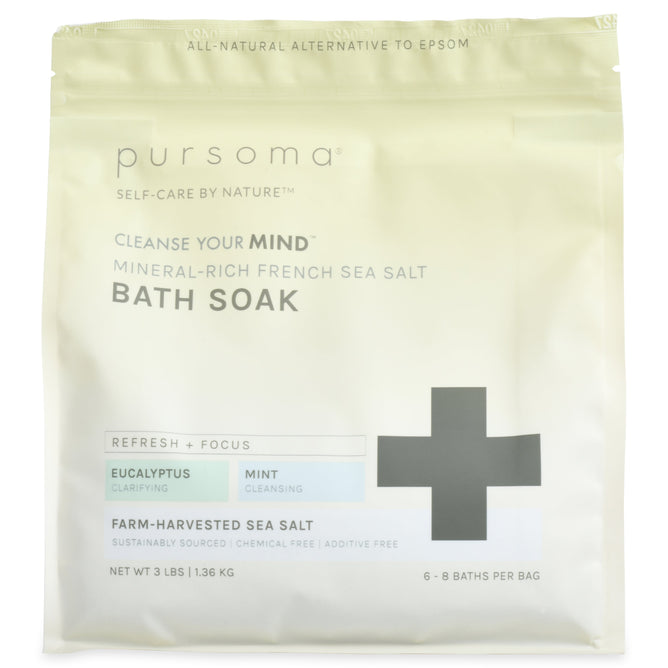 The Pursoma Cleanse Your MIND Bath Soak, with French Grey Sea Salt and botanical aromatherapy, offers 6-8 invigorating baths in a 3 lbs (1.36 kg) bag. Infused with eucalyptus to clarify and mint to cleanse your mind, it refreshes and focuses you.