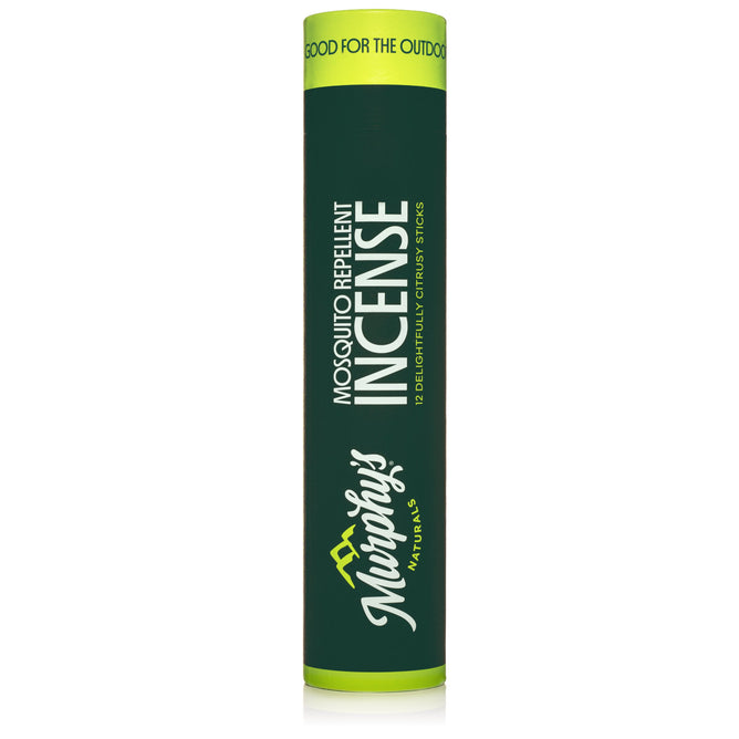 Murphys Naturals Mosquito Repellent Incense Cylindrical Package: 12 Citronella Sticks, green color with a darker green band stating Good for the Outdoors. Infused with naturally derived oils; DEET-free for a natural outdoor experience.