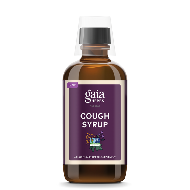 A 4 oz brown glass bottle from Gaia Herbs, labeled Cough Syrup, with a purple label and white text. It features a black cap and serves as a herbal supplement for respiratory support, providing relief from dry cough and promoting immune health.
