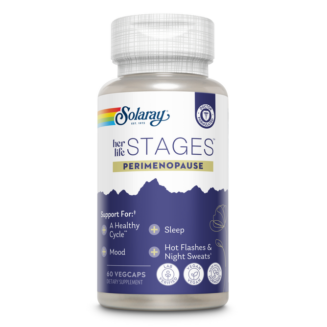 Solarays Her Life Stages™ Perimenopause, with a white and purple label, supports womens health by aiding cycle, mood, sleep, and easing hot flashes and night sweats. Each bottle includes 60 capsules formulated for menopause support.