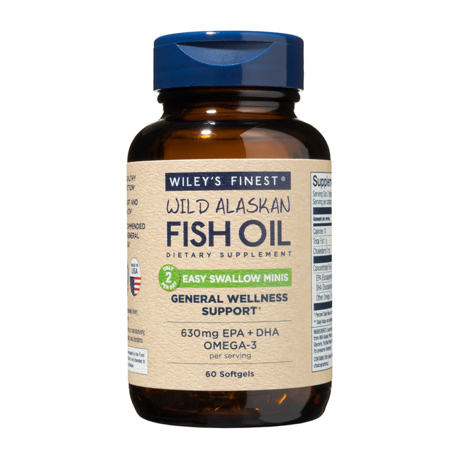 Wileys Finest Wild Alaskan Fish Oil - Easy Swallow Minis dietary supplement provides 630mg of Omega-3, EPA, and DHA per serving for general wellness support. Each bottle includes 60 softgels.