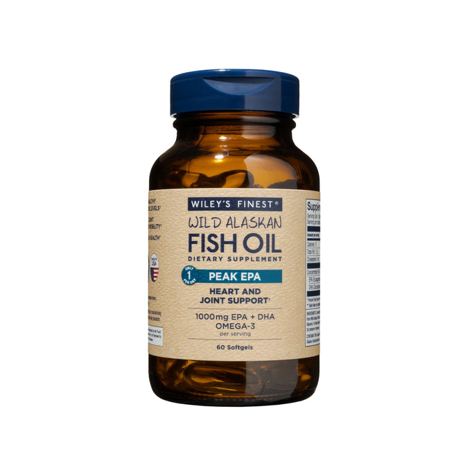 Wileys Finest Wild Alaskan Fish Oil - Peak EPA offers a dietary supplement with 60 softgels, delivering 1000mg of combined EPA and DHA per serving for heart and joint support.