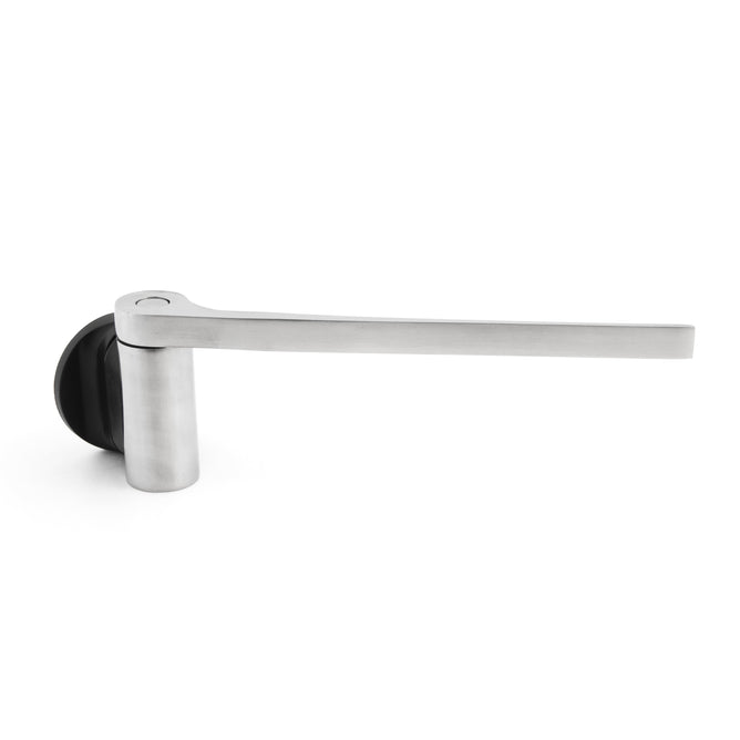 The Magnetic Dishcloth Holder by HAPPY SiNKS features an elongated, sleek, modern design and a brushed metal finish with a black base. Its easy installation is facilitated by the Magnet Fitting System, reflecting minimalist contemporary aesthetics.