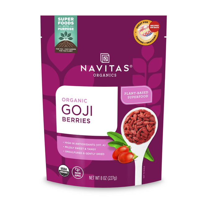 Navitas Organics Organic Goji Berries come in a purple package, featuring high antioxidants and a mildly sweet, tangy flavor. Unsulfured and gently dried with USDA Organic and Non-GMO labels, the net weight is 8 oz (227g).