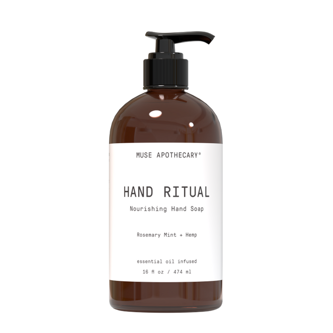 A 16 fl oz (474 ml) brown plastic pump bottle of Muse Apothecarys Nourishing Hand Soap offers a soothing blend of rosemary mint, hemp, essential oils, and calming French lavender.