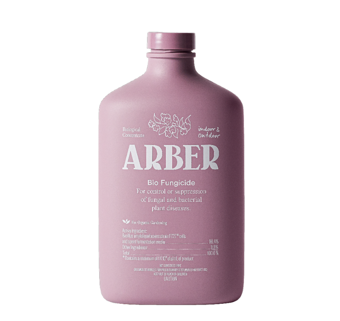A rectangular pink bottle labeled Arber, featuring floral designs and a secure screw cap, houses the Bio Fungicide Indoor/Outdoor Concentrate. It ensures stronger plants by controlling and suppressing fungal and bacterial diseases, suitable for both indoor and outdoor use.