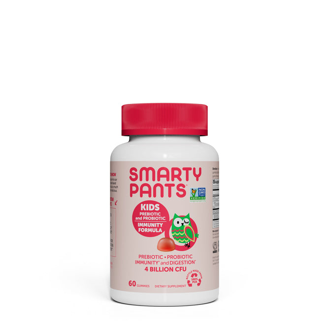 The SmartyPants Kids Prebiotic and Probiotic Immunity Formula features a red-capped bottle with a cartoon owl label, showcasing 4 Billion CFU and Non-GMO Project Verified. It supports digestive health with 60 kid-friendly gummies.