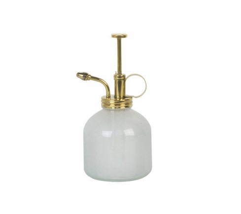 The Brass & Glass Mister by Modern Sprout features a small, transparent round bottle with a brass finish, golden metal nozzle, and pump. Its vintage aesthetic is perfect for indoor gardening enthusiasts looking to add style to their plant care routine.