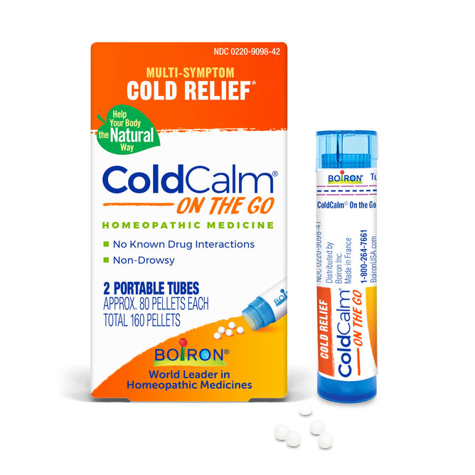 Image of Boirons ColdCalm - On the Go homeopathic medicine package, showcasing two portable tubes each containing approximately 80 non-drowsy meltaway pellets, totaling 160. The packaging emphasizes multi-symptom cold relief and easy portability.