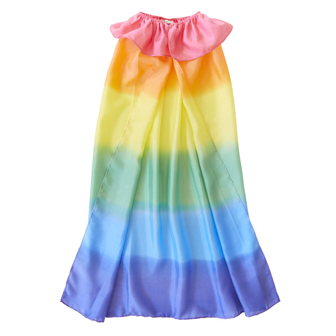 Enhance dress-up play with Sarahs Silks Rainbow Cape, featuring a pink ruffled collar and vibrant rainbow stripes from yellow to purple. This flowing, silky fabric drapes elegantly, perfect for imaginative adventures.