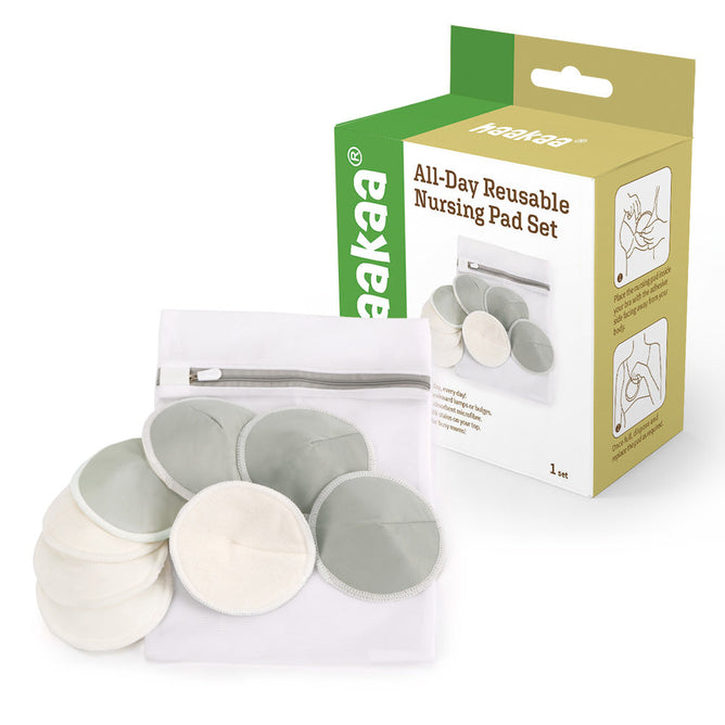 The Haakaa All-Day Reusable Nursing Pads come with a zippered pouch. Crafted from bamboo and absorbent microfiber, the set includes several pads. The green and white packaging features an instructional image for easy use.