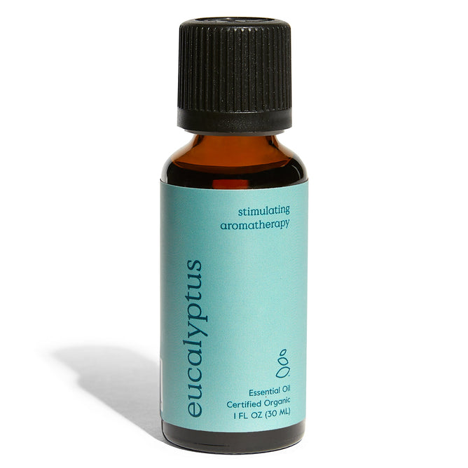 Grove Co.s Organic Eucalyptus Essential Oil in a small amber bottle with a black cap features stimulating aromatherapy and certified organic. The 1 FL OZ (30 mL) bottle, with its teal minimalist label, promises invigorating natural benefits.