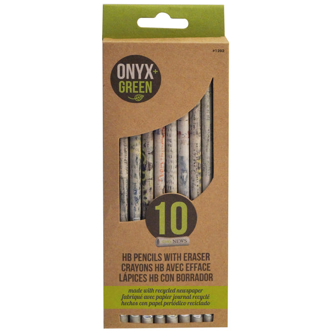 The Onyx and Green Recycled Newspaper HB Pencils come in a pack of 10, made from recycled newspaper with built-in erasers. The eco-friendly packaging includes English and French text, emphasizing their wood-free, sustainable design.