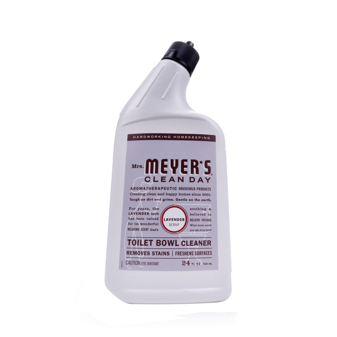A bottle of Mrs. Meyers Toilet Cleaner is displayed with a lavender scent and essential oils for stain removal. It features a white bottle, black cap, and contains 24 fl oz (709 ml).