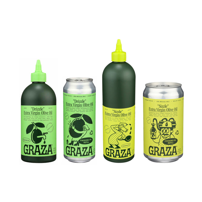 Introducing Grazas Ultimate Olive Oil Set: two Drizzle squeeze bottles and two Sizzle cans of Extra Virgin Olive Oil, each with playful illustrations and bright green accents to liven up your cooking experience.