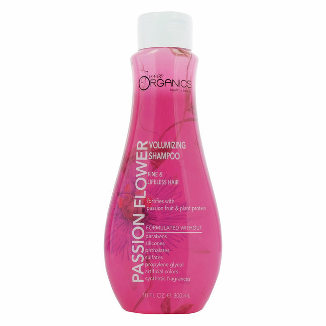 The pink bottle of Juice Beautys Juice Organics Passion Flower Volumizing Shampoo, formulated for fine hair, enriches with passion fruit and plant proteins to fortify hair without parabens, silicones, phthalates, sulfates, artificial colors, or synthetic fragrances for thicker hair.