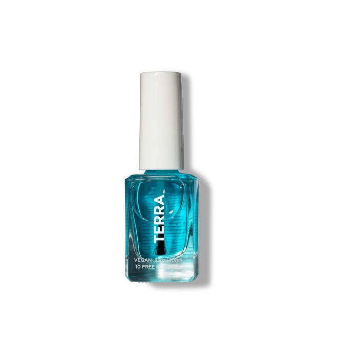 A clear glass bottle of Terra Beauty Bars Growth Base Coat, filled with blue nail polish, features a white cap and VEGAN, 10 FREE on its label. It represents cruelty-free nail care and is centered against a plain white background.
