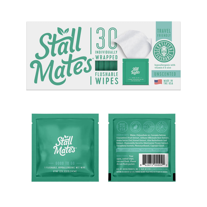 Image of Stall Mates Flushable Wipes - Individually Wrapped package highlighting 30 Individually Wrapped and Travel-Friendly. Shows front and back views of a green packet. These hypoallergenic, unscented wipes are made in the USA.