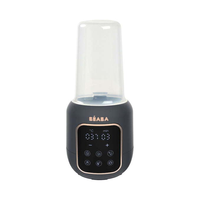 The BEABA 5-in-1 Multi Milk Baby Bottle and Food Warmer, featuring a sleek black design with a transparent cover, heats bottles and food jars. It includes a display for temperature and timer settings with operational buttons, while the brand name is prominently above the screen.