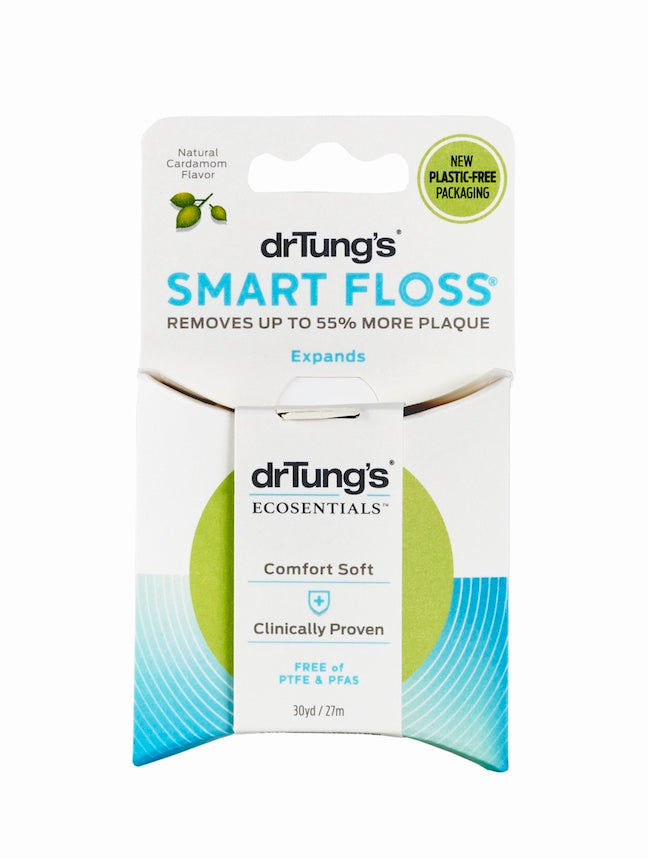 Discover Dr. Tungs Smart Floss®, made with eco-friendly materials and natural cardamom flavor. It’s in plastic-free packaging, expands for comfort, removes 55% more plaque, and contains no PTFE & PFAS. Available in 30 yards/27 meters.