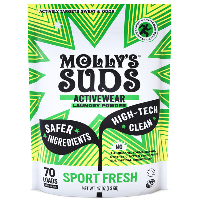 Mollys Suds Activewear Laundry Powder, Sport Fresh, claims a High-Tech Clean with plant-based enzymes for 70 loads per 47 oz bag. It has a natural fragrance, and is free of synthetic dyes and optical brighteners, highlighting its use of Safer Ingredients.