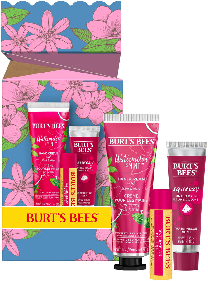 The Youre One in a Melon gift set by Burts Bees comes in elegant floral packaging with hand creams and tinted lip balms. It features Watermelon & Mint and Squeezy variants, offering a refreshing, moisturizing experience with a Natural Origin Formula.
