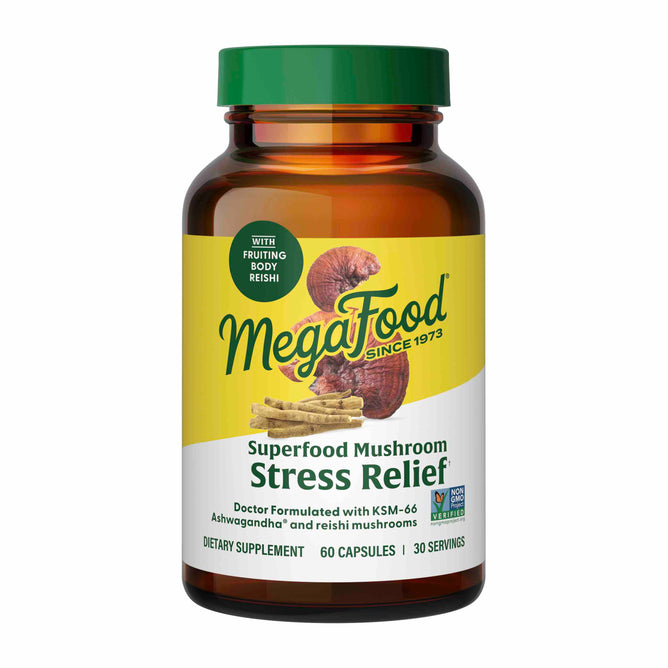 A bottle of MegaFoods Superfood Mushroom - Stress Relief contains 60 capsules with adaptogens such as KSM-66 and reishi, featuring ashwagandha to provide 30 servings that support well-being and stress relief.