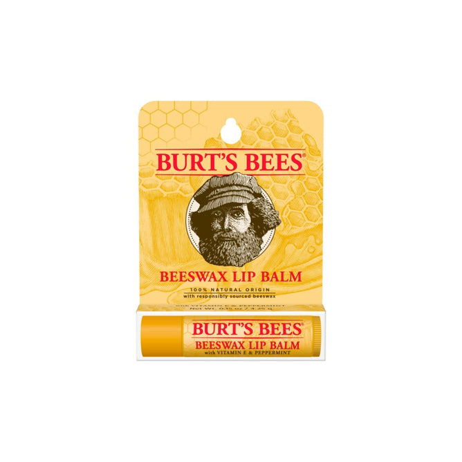 A packaged Burts Bees Lip Balm is set against a yellow honeycomb backdrop, displaying a bearded man illustration. Infused with vitamin E and peppermint, it offers moisturized and nourished lips.
