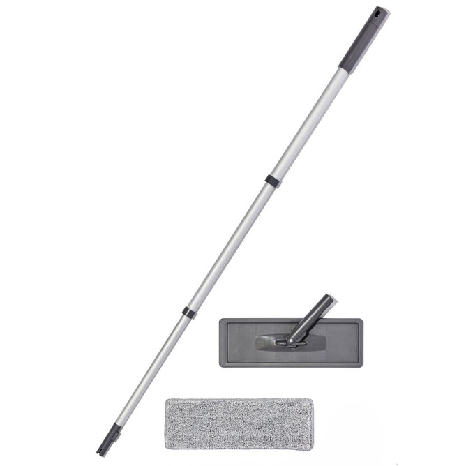 The Grove Co. Compact Microfiber Mop is shown, featuring a gray adjustable telescopic handle. It includes a rectangular base with a swivel joint and a detachable microfiber pad, crafted from recycled materials for efficient cleaning.