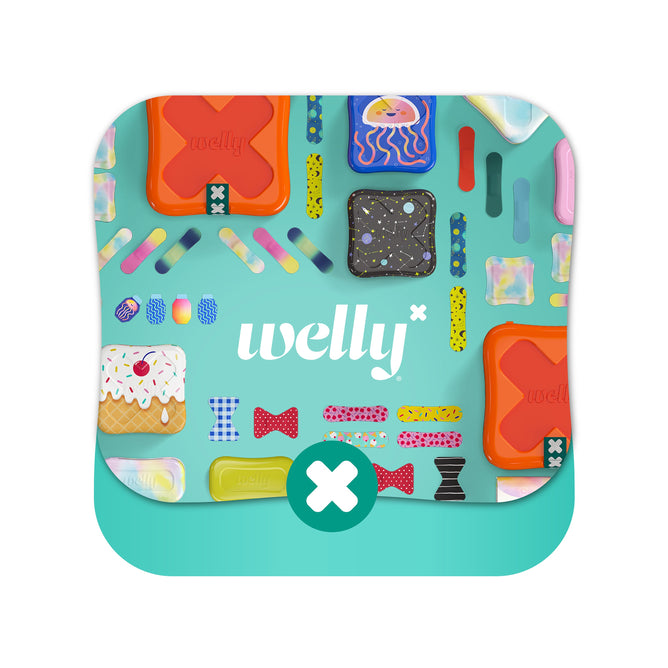 A turquoise background showcases Wellys Bravery Badges Bandage Samples with playful designs like jellyfish, stars, and ice cream cones. The Welly brand is centered in white alongside a red logo with a white cross.