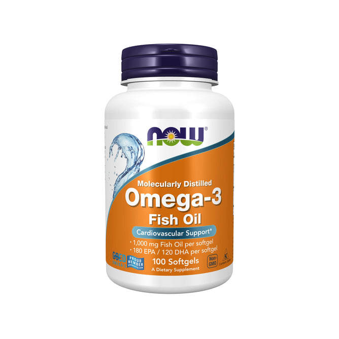 NOW Foods OMEGA-3 Fish Oil 1000mg softgels are molecularly distilled for purity and offer cardiovascular support with 180 mg EPA and 120 mg DHA per serving. Each bottle contains 100 softgels for optimal heart health.