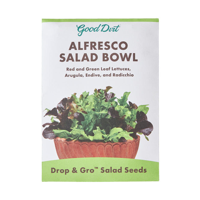 The Seed Pack Alfresco Mix from Good Dirt features a salad bowl with arugula, endive, and radicchio. Text reads Drop & Gro™ multiseed seed pod.