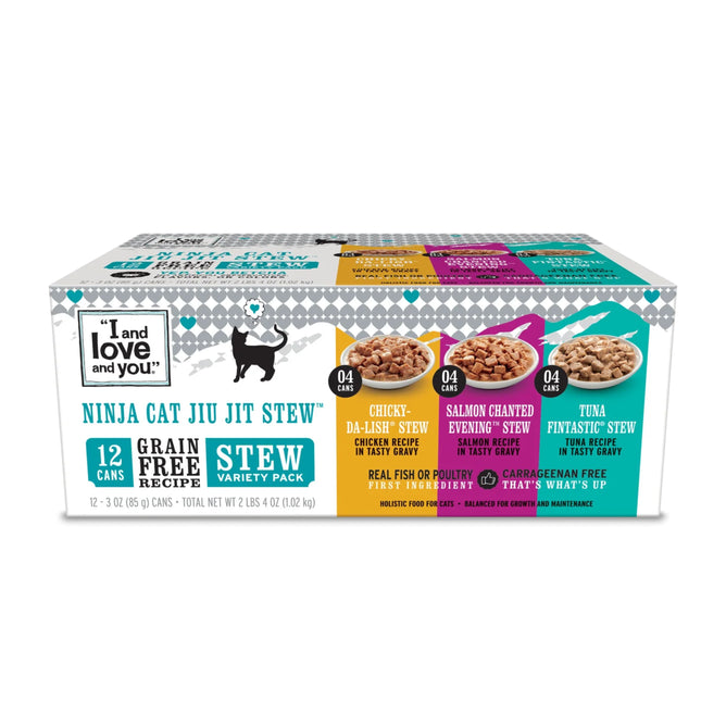 The I and Love and You Naked Essentials Ninja Jiu Jit Stew 12-pack offers a grain-free, holistic cat food variety with four flavors: Chick-y Da-Lish, Salmon Chanted Evening, Tuna Fintastic, and Chicken Lickin.