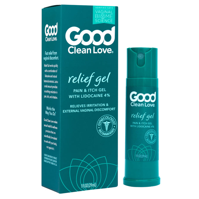 Good Clean Loves Relief Gel with Lidocaine features teal packaging and a pump bottle. Its formulated with lidocaine 4% for soothing irritation in sensitive tissues, utilizing vaginal biome science and endorsed by gynecologists.