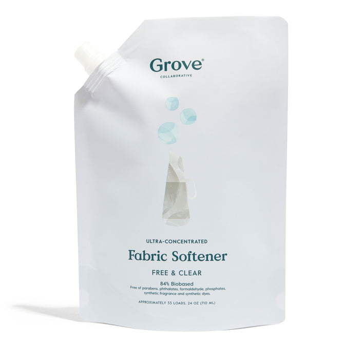 A Grove Co. Fabric Softener Refill, ultra-concentrated and non-toxic, comes in a 24 oz minimalist white pouch with a spout and bubble design. Made from eco-friendly, 84% biobased ingredients, it handles about 33 loads and is plant-based.