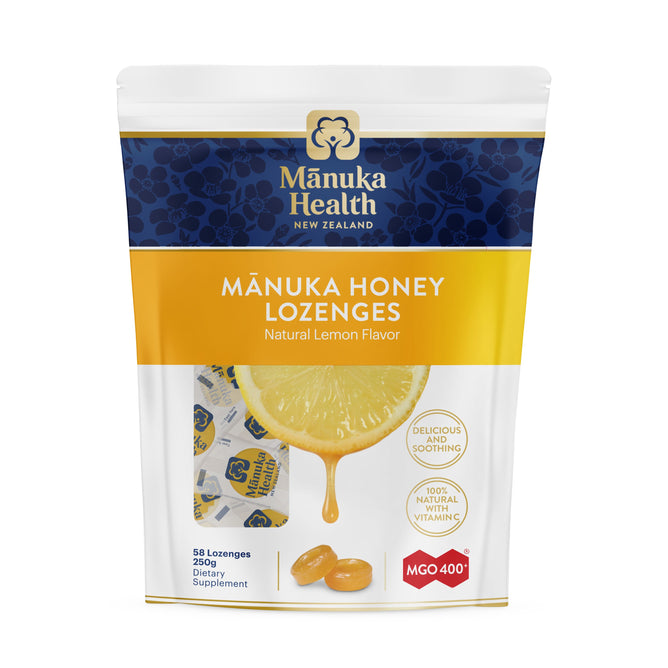 A vibrant yellow and white pack from Manuka Health, these Manuka Honey Lozenges feature a lemon slice, lozenges, and the text 58 lozenges and MGO 400+ on the front. They are natural lemon flavored and enriched with Vitamin C.