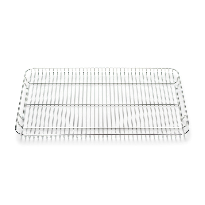 On a white background, the Caraway Stainless Steel Cooling Rack showcases its rectangular design, evenly spaced parallel wires, and raised edge—ideal for maintaining baked goods freshness and oven safety.