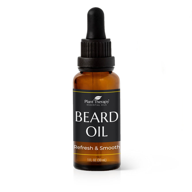 A 1 FL OZ (30 ml) brown glass bottle with a black dropper cap, labeled Beard Oil by Plant Therapy, contains essential oils and nourishing ingredients to refresh and smooth.