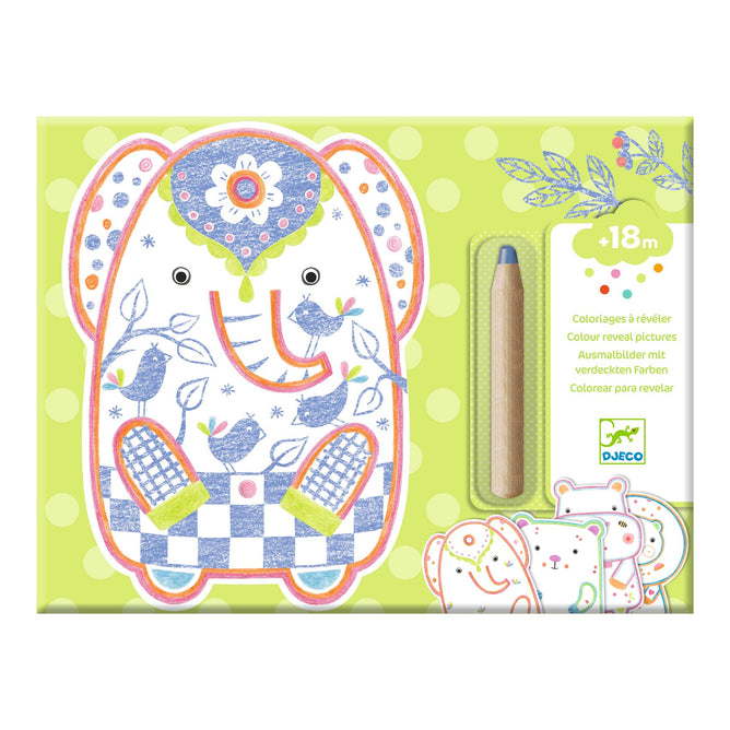 The DJECO Wild Animals to Discover set features a vibrant elephant illustration on a green polka-dot background designed for ages 18 months and up. It includes a magic marker for uncovering hidden images, with brand logo and product details displayed. Made with FSC® Certified Paper.