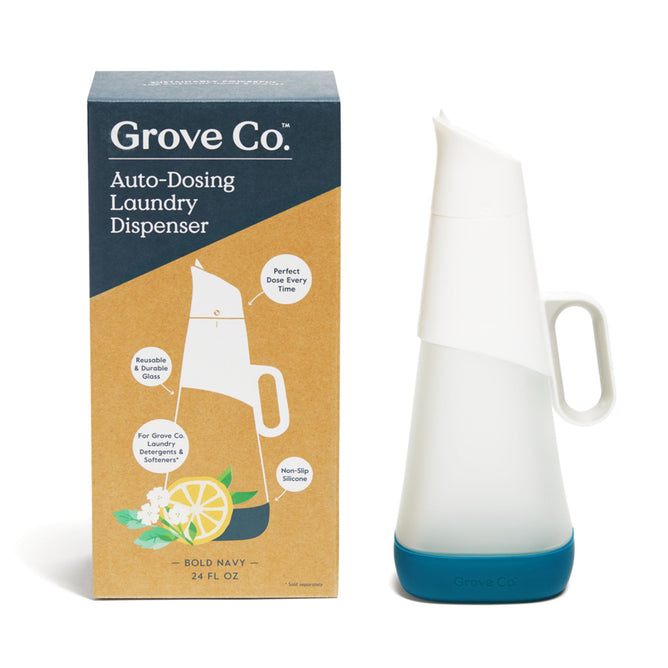 Grove Co.s Laundry Detergent Dispenser features an image highlighting its auto-dosing function, handle design illustration, and non-slip silicone promise. It boasts a white finish with a teal base and lime design, holding 24 fl oz.