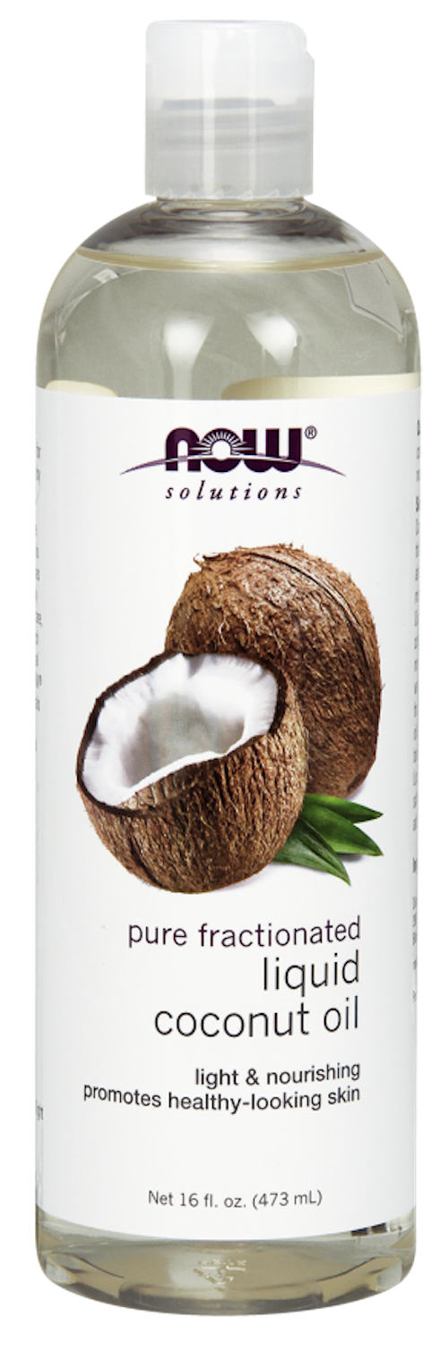 A 16 fl. oz. clear bottle labeled Now Liquid Coconut Oil features a cracked coconut image and emphasizes its light, nourishing properties that promote healthy-looking skin.