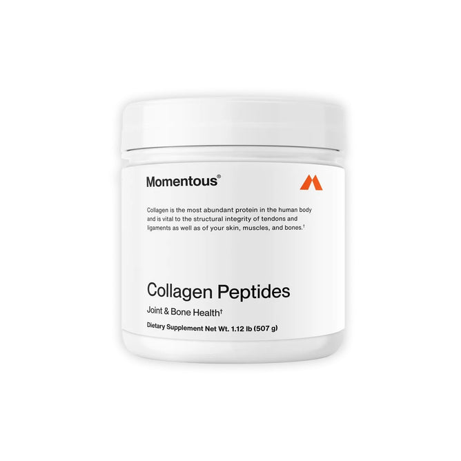A 1.12 lb (507 g) white container of Momentous Collagen Peptides containing grass-fed bovine collagen promotes joint health and bone support, enhancing the structural integrity of tendons, ligaments, skin, muscles, and bones.