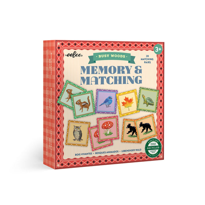 A vibrant box of eeBoo Piece & Love’s Busy Woods Memory & Matching for ages 3+ features woodland creature and nature cards, a red patterned border, and a green recycled label, emphasizing fun educational play.