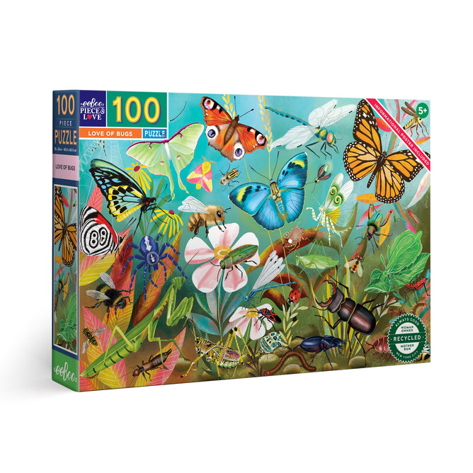 The eeBoo Piece & Love “Love of Bugs” 100 Piece Puzzle features vibrant garden scenes with bugs, butterflies, and flowers. Made from recycled, sustainably sourced materials, this educational puzzle is perfect for ages 5 and up.