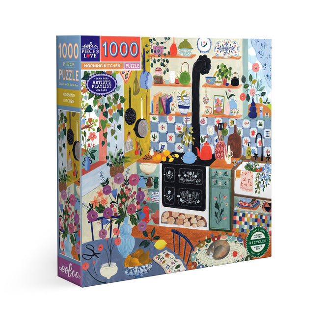 The eeBoo Piece & Love Morning Kitchen 1000 Piece Jigsaw Puzzle features colorful kitchen artwork. Packaged in a vibrant, recycled board box with a Recycled Materials seal.