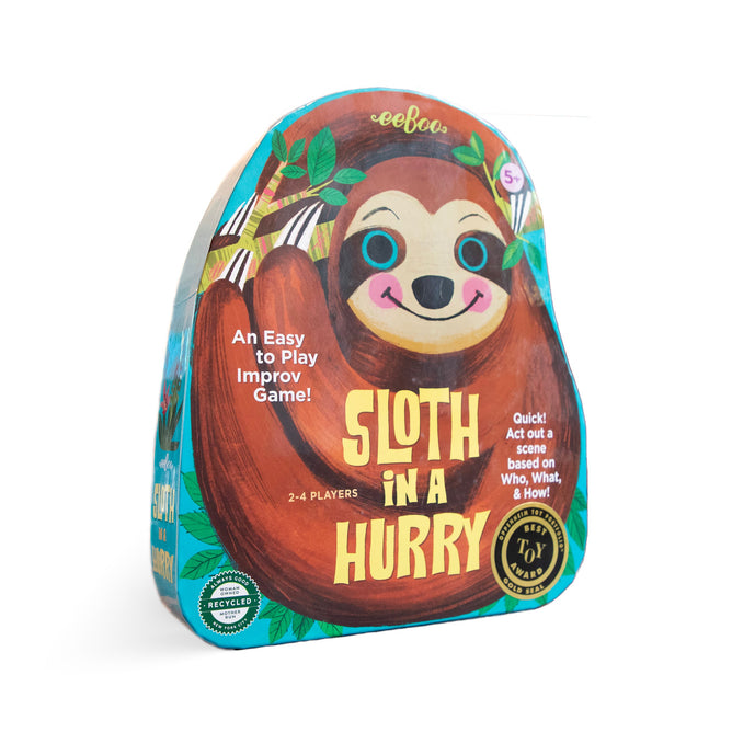 The Sloth in a Hurry Spinner Game by eeBoo Piece & Love comes in a colorful, sloth-shaped box made from sustainably sourced materials. Featuring a smiling cartoon sloth, this easy improv game is for 2–4 players, ages 5 and up.