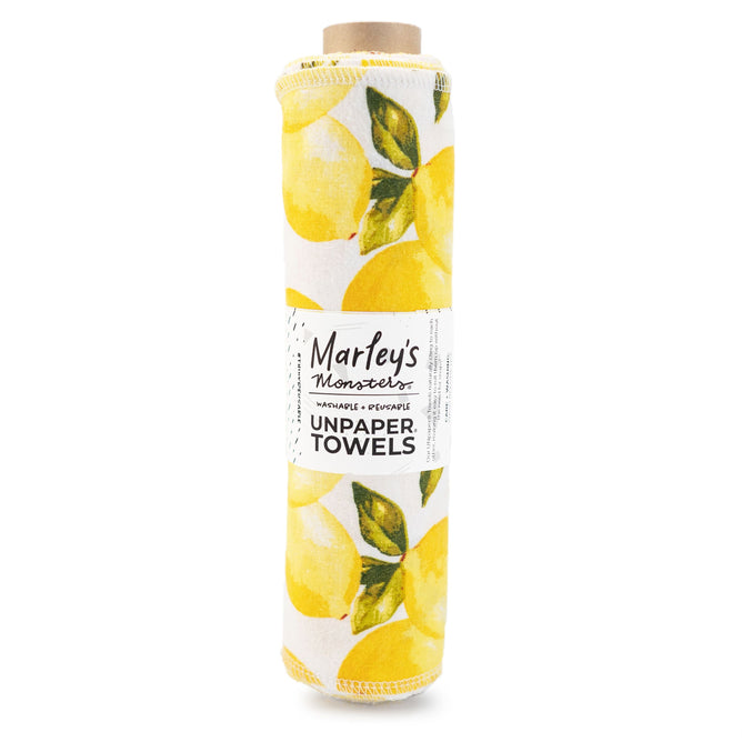 Introducing Marleys Monsters Vintage Lemons Rolled UNpaper® Towels—a vibrant, eco-friendly set of reusable cloth towels featuring a lemon pattern with green leaves on a white background.